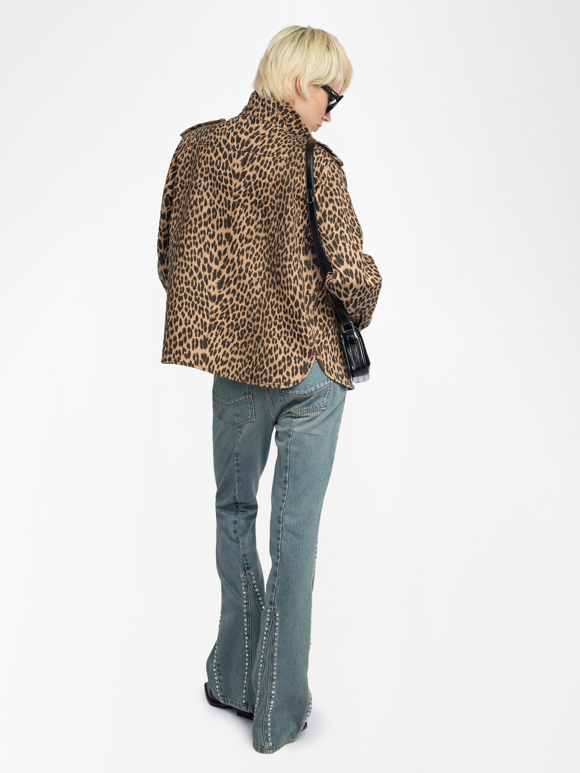 Taskam Denim Overshirt - Military denim shirt with leopard print, long sleeves.
